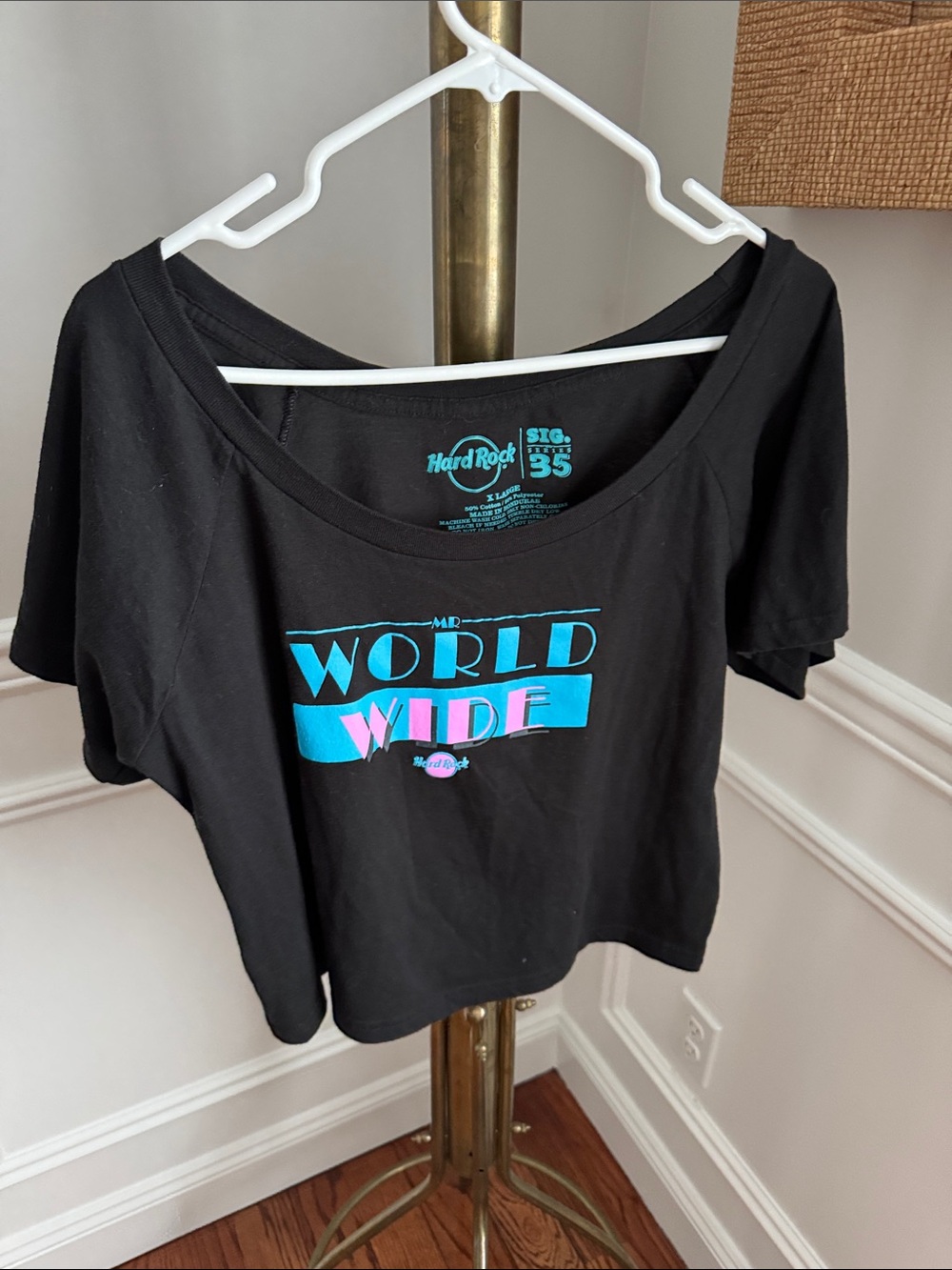 Hard Rock Cafe Black Crop Top with Turquoise & Pink 'WORLD WIDE' Graphic